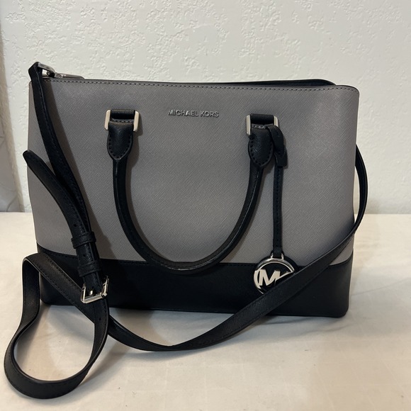 Michael Kors Two Tone Sutton Satchel Bag Shoulder Strap Gray Black EUC Silver - Picture 1 of 11
